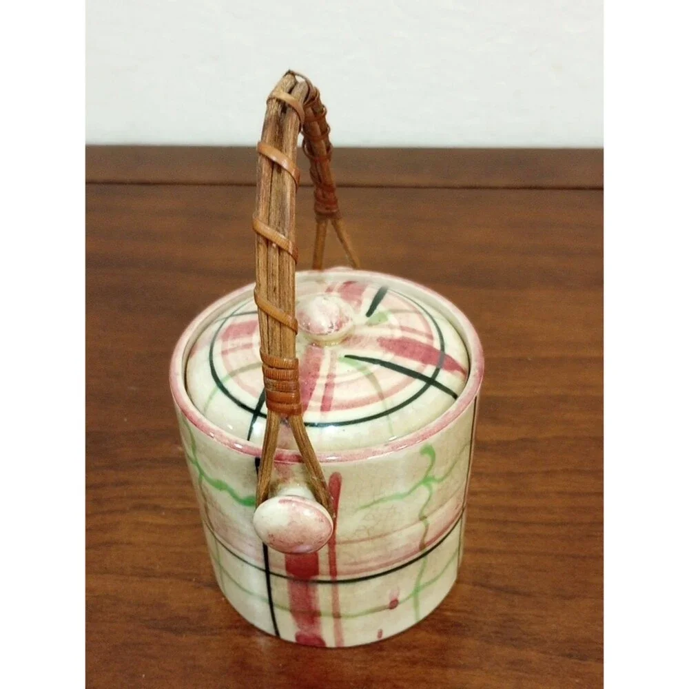 Japanese Porcelain Tea Caddy Biscuit Barrel With Woven Handle - Vintage!